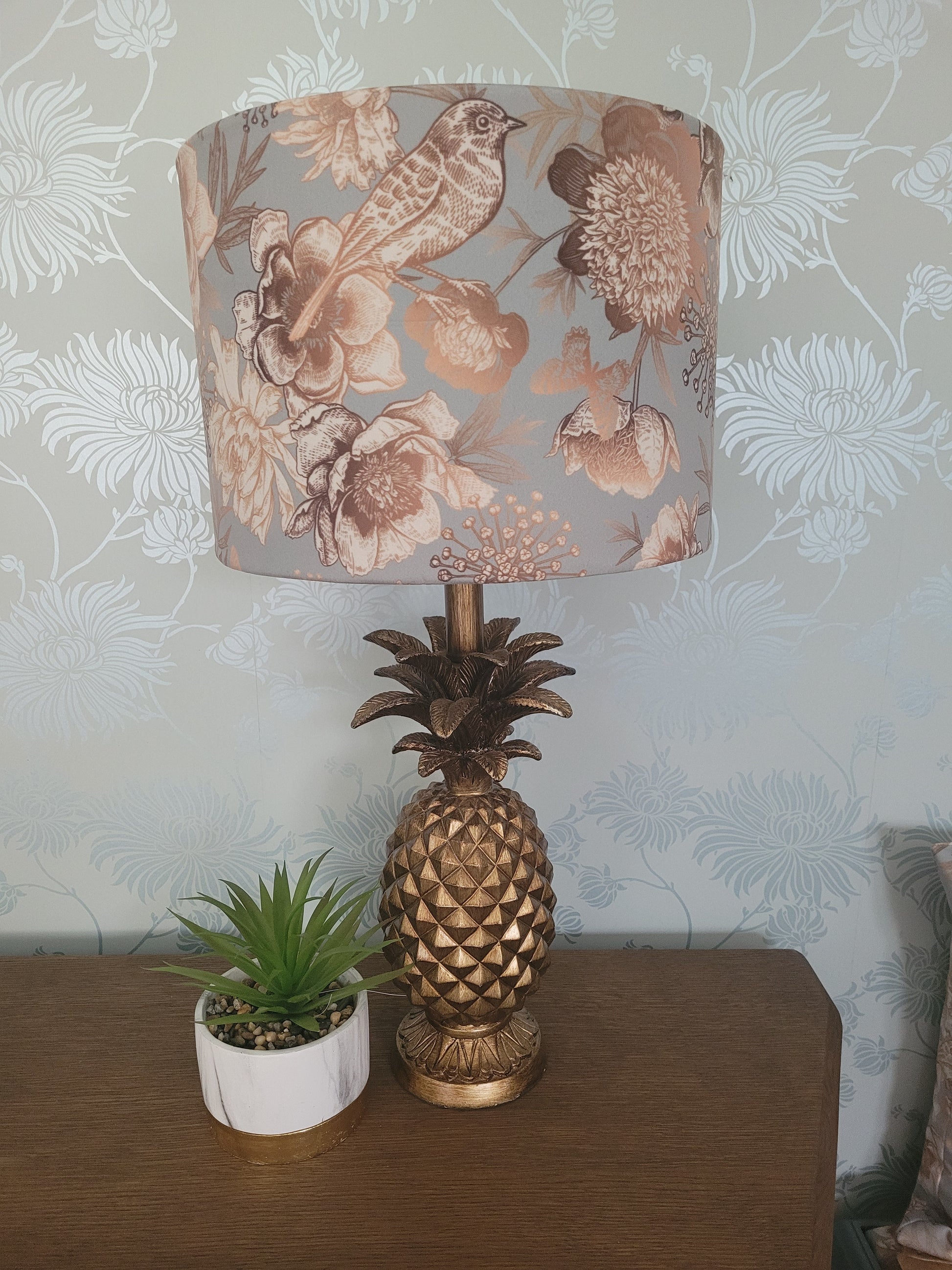Metallic copper and pale blue velvet cushion with bird floral design, 45cm with feather inner