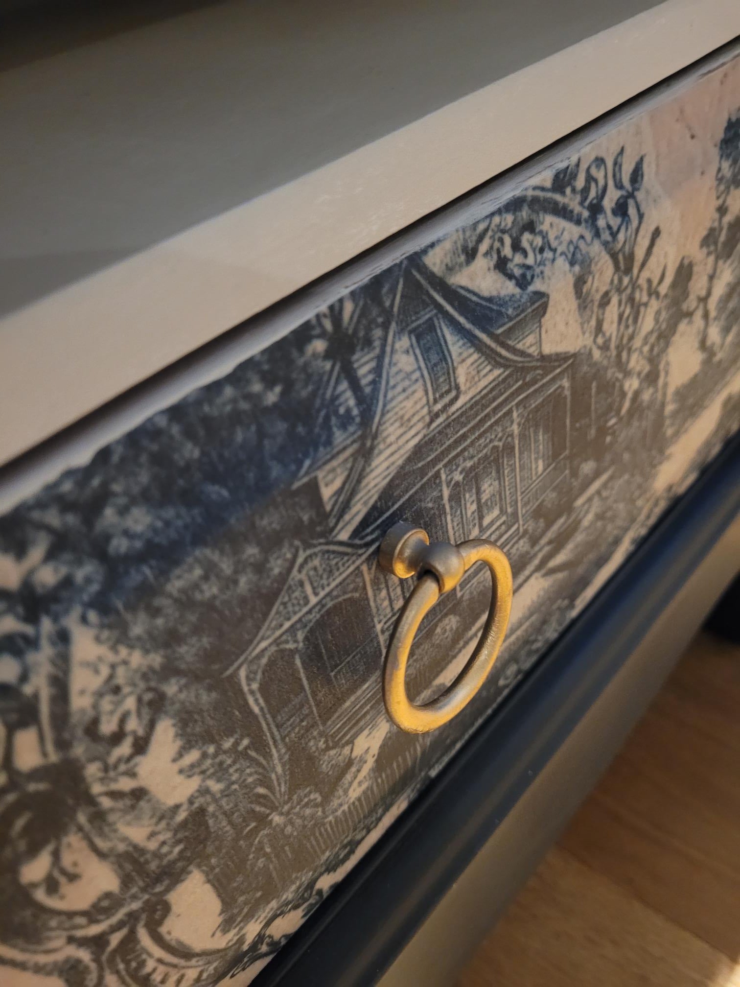 Pair of Stag Minstrel Letterbox Bedsides, featuring a French Parisien 'Toile de Jouy' design in cream and blue. These elegant bedside tables add a touch of vintage charm to any bedroom. Perfect for those who appreciate classic and timeless bedroom furniture.