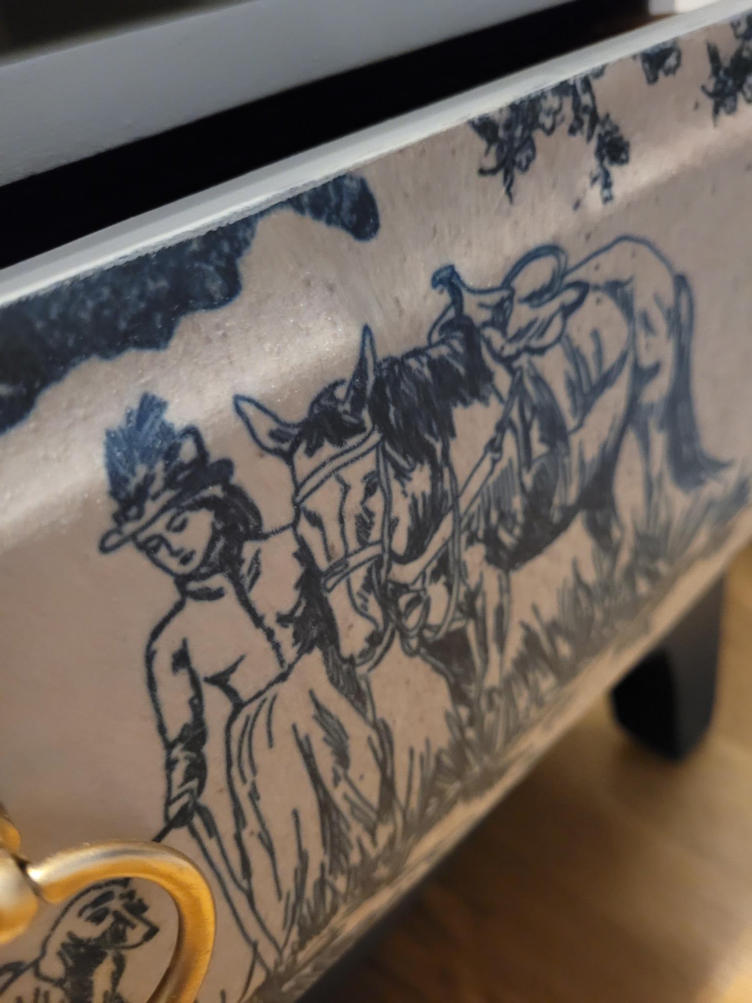 Pair of Stag Minstrel Letterbox Bedsides, featuring a French Parisien 'Toile de Jouy' design in cream and blue. These elegant bedside tables add a touch of vintage charm to any bedroom. Perfect for those who appreciate classic and timeless bedroom furniture.