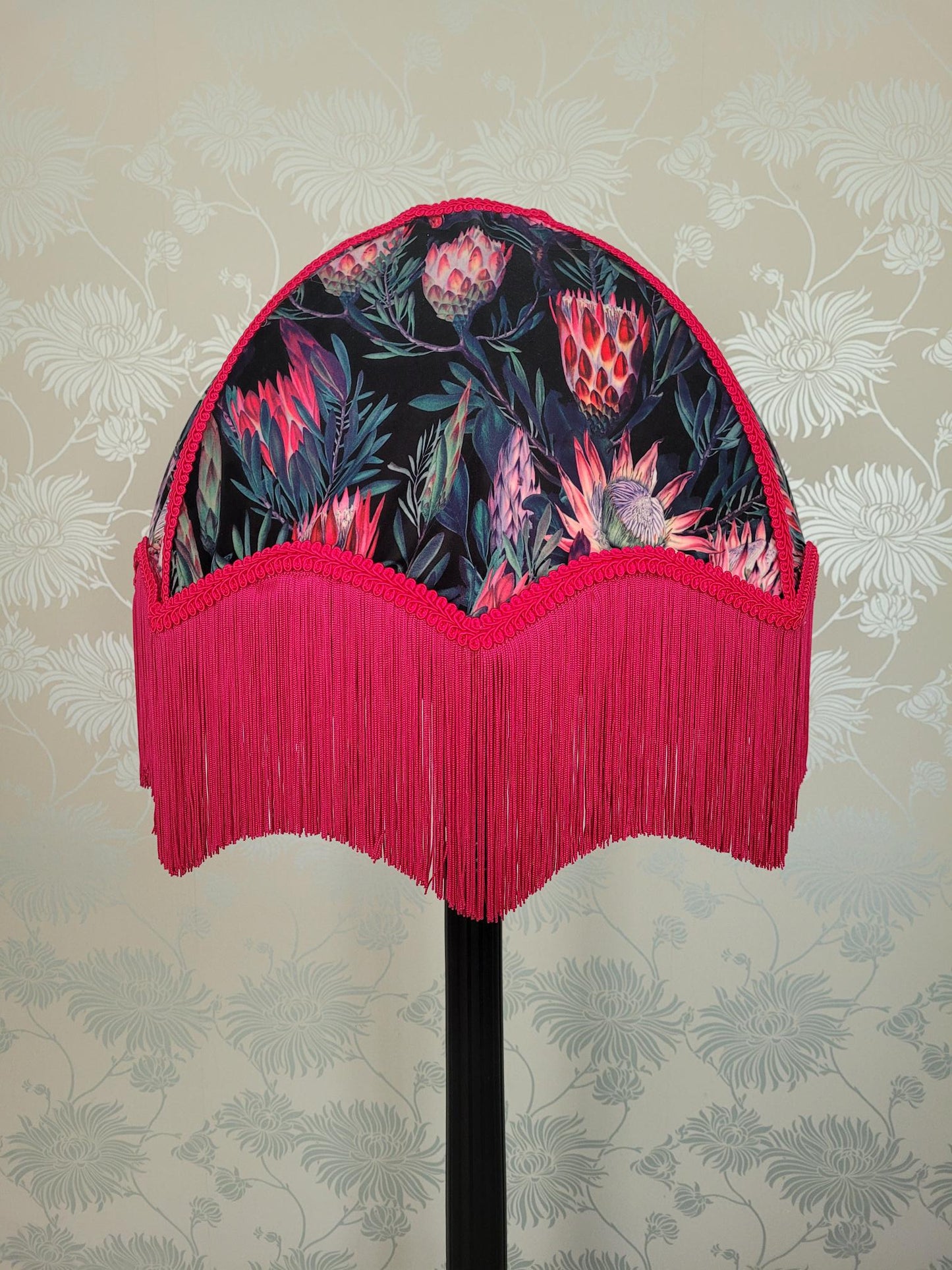 22-inch Art Deco velvet parachute lampshade with fuchsia fringe and floral lining; handmade statement shade.
