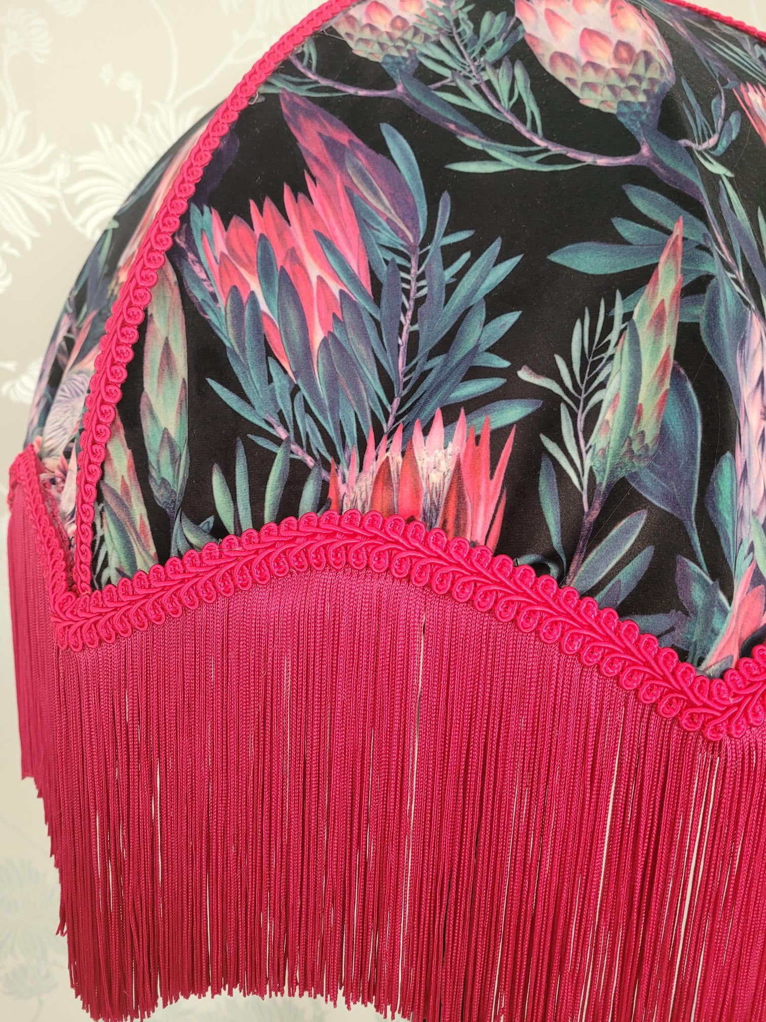 22-inch Art Deco velvet parachute lampshade with fuchsia fringe and floral lining; handmade statement shade.
