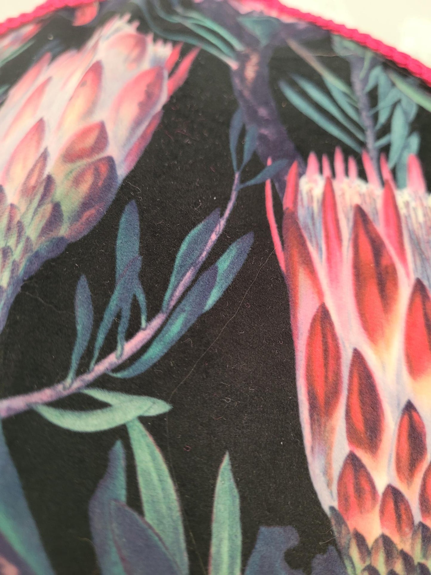 22-inch Art Deco velvet parachute lampshade with fuchsia fringe and floral lining; handmade statement shade.