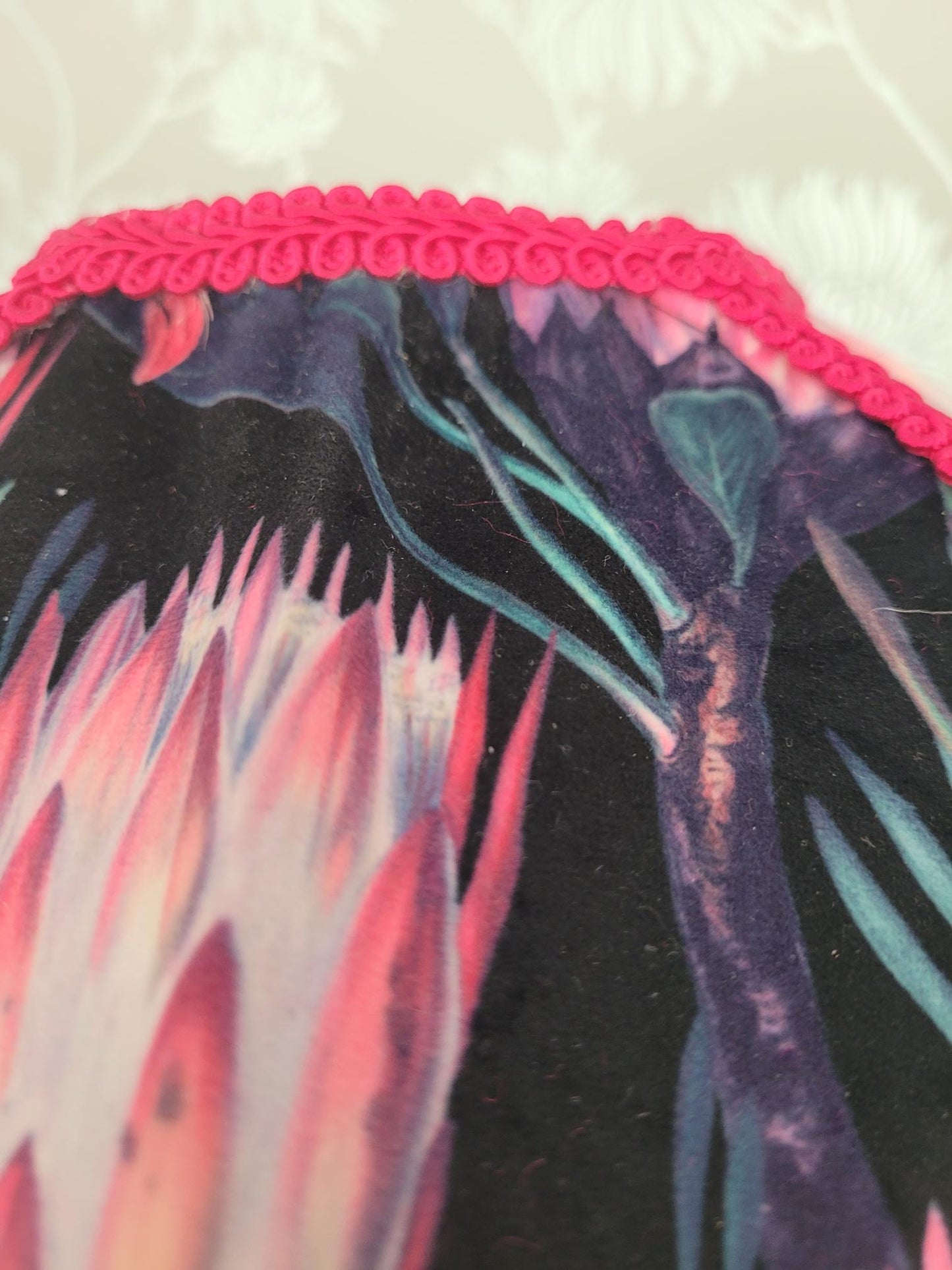22-inch Art Deco velvet parachute lampshade with fuchsia fringe and floral lining; handmade statement shade.