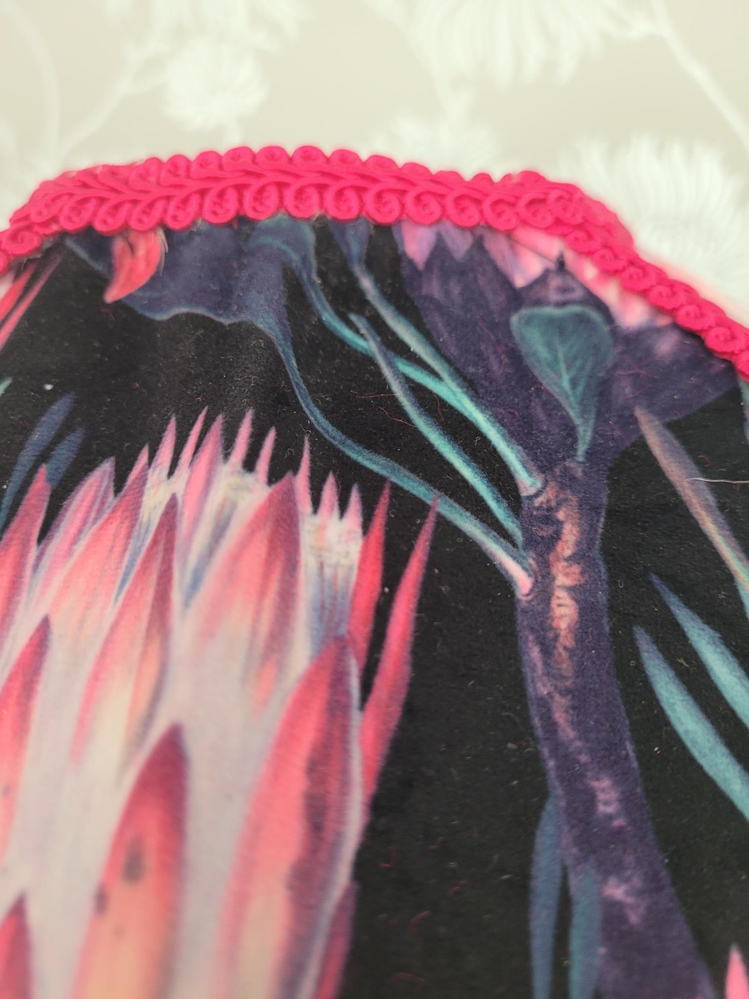 22-inch Art Deco velvet parachute lampshade with fuchsia fringe and floral lining; handmade statement shade.