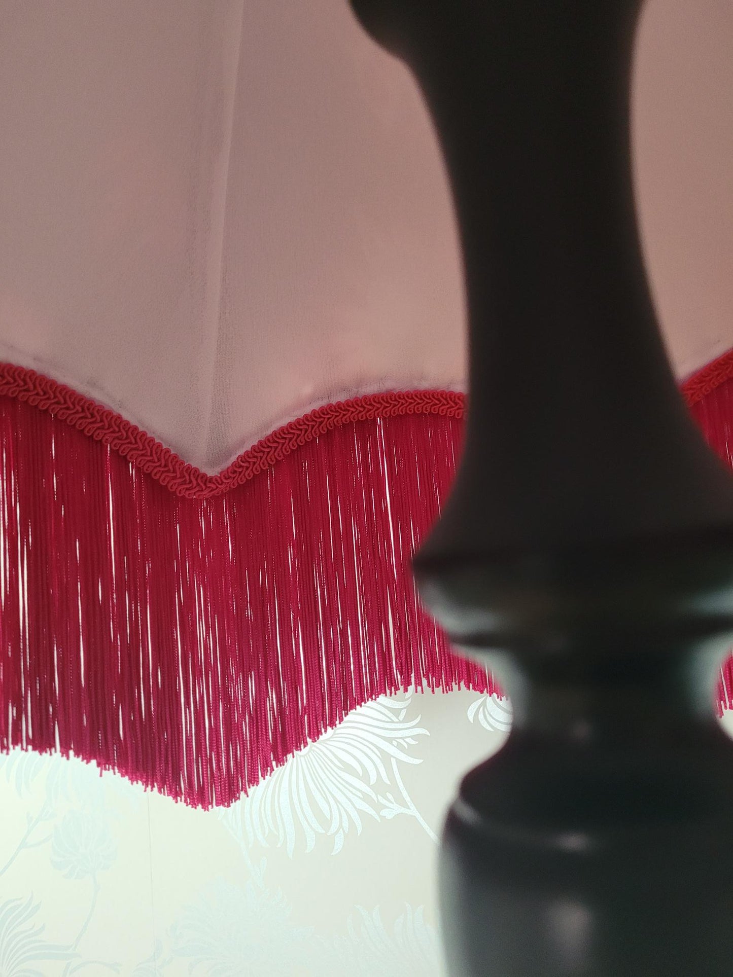 22-inch Art Deco velvet parachute lampshade with fuchsia fringe and floral lining; handmade statement shade.