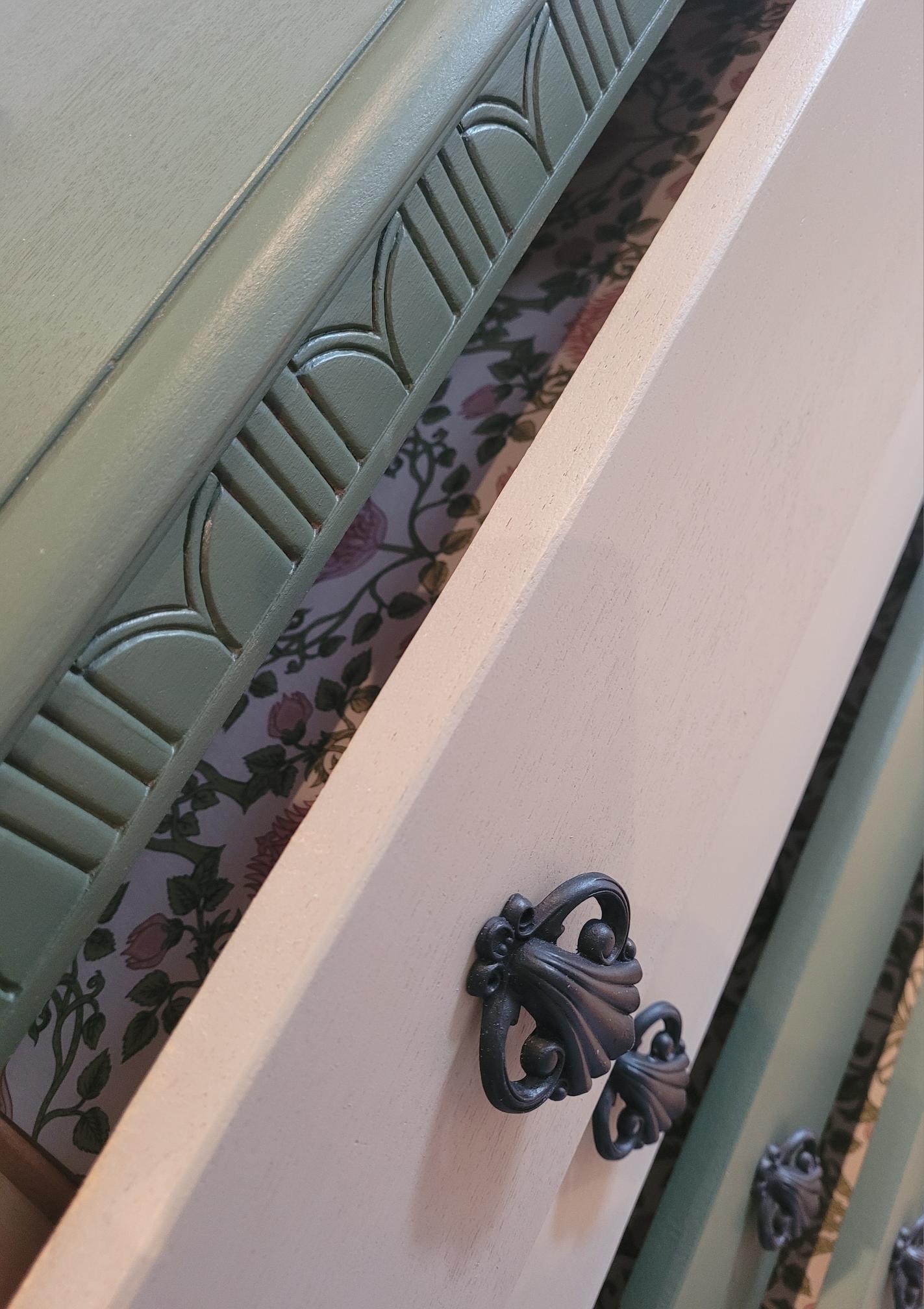 Upcycled Mid-Century 5-Drawer Chest by Lebus, painted in Bayberry with Algonquin Wash on top drawers. Lined with Tulip Garden wallpaper and featuring black scarab hardware.