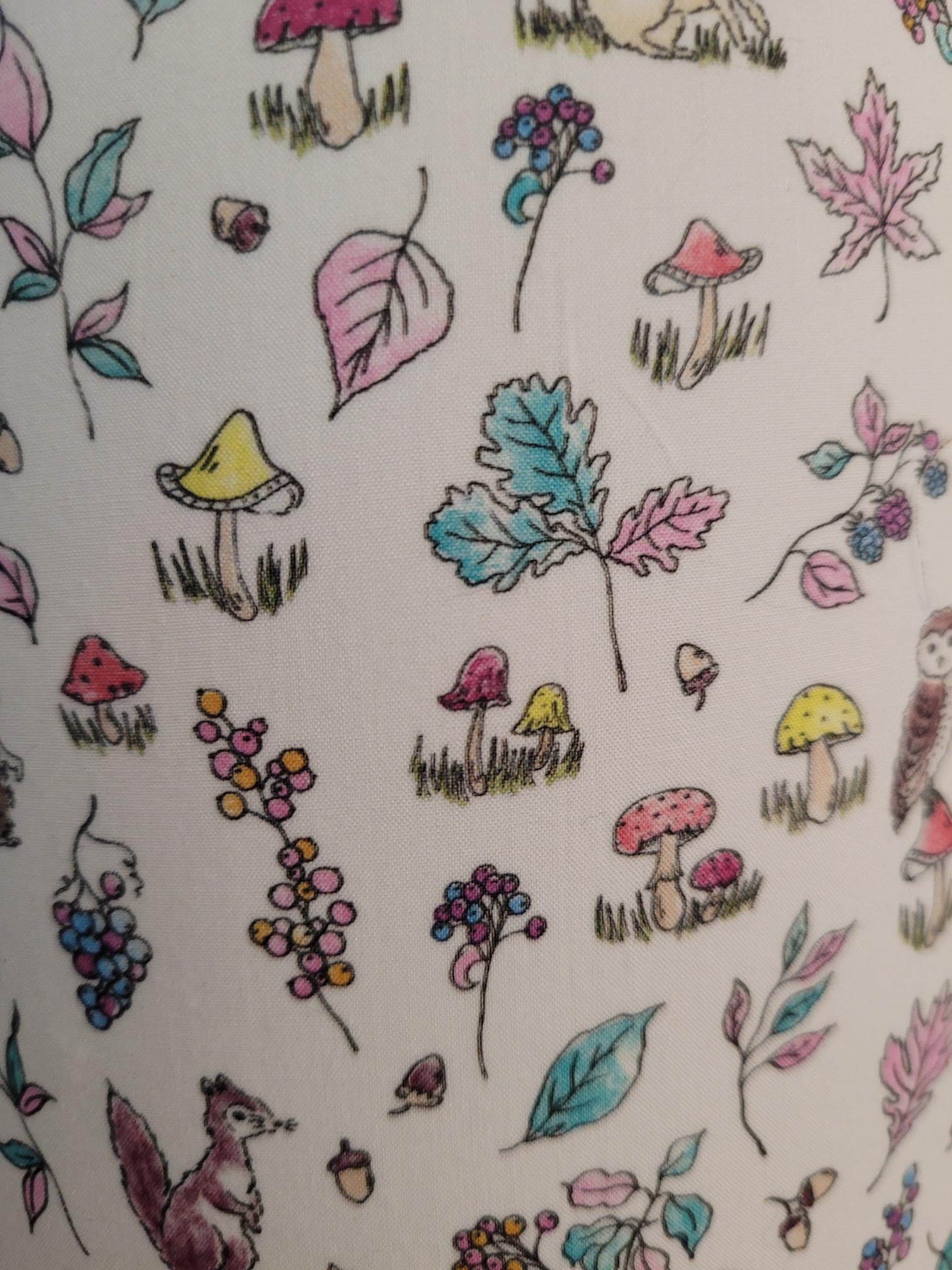 Handmade Liberty London animal and woodland themed drum lampshade featuring woodland animals, floral patterns, foliage and country-inspired design, perfect for children's rooms, nurseries, or playrooms - hand made at 15cm diameter.