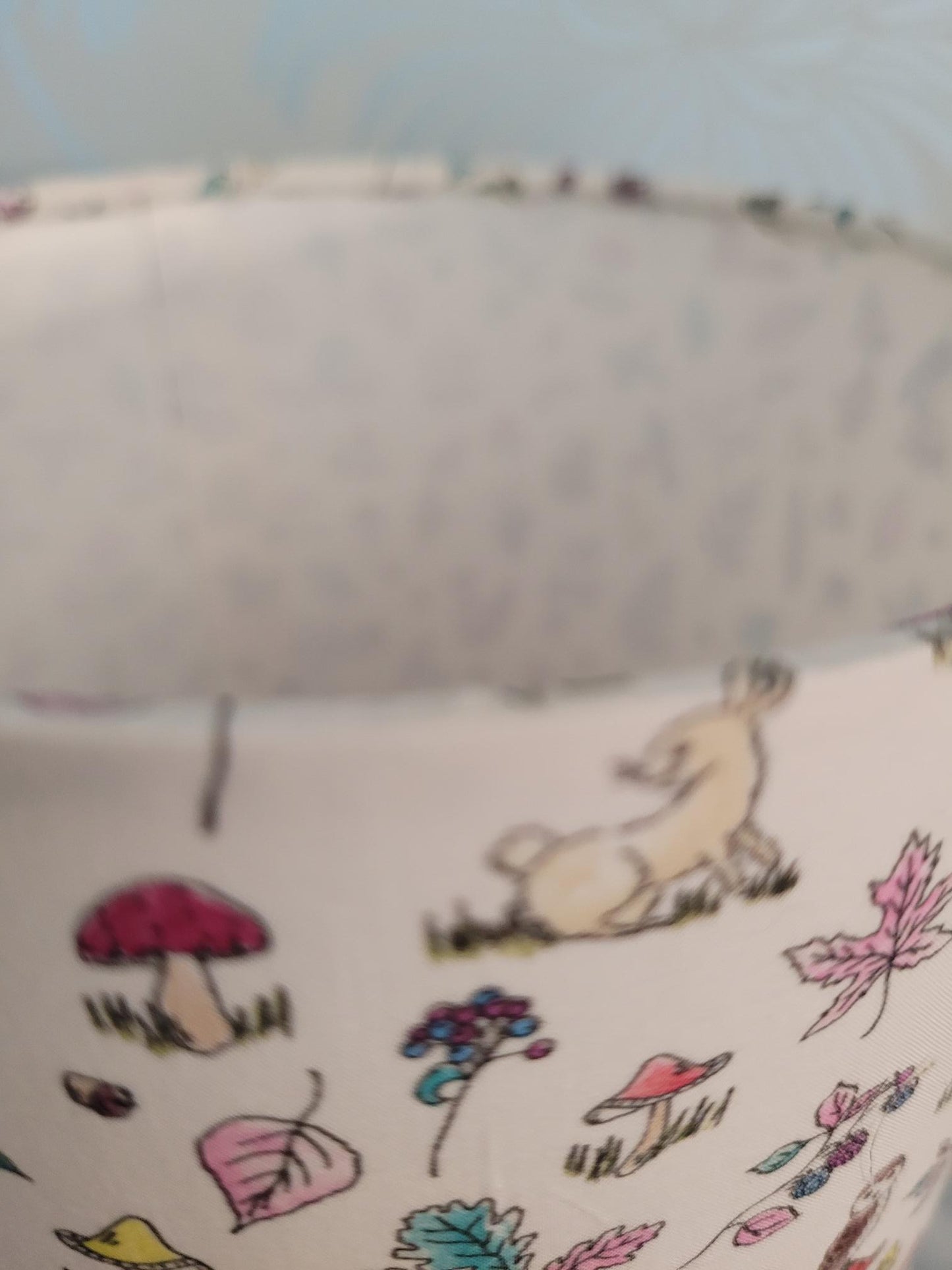 Handmade Liberty London animal and woodland themed drum lampshade featuring woodland animals, floral patterns, foliage and country-inspired design, perfect for children's rooms, nurseries, or playrooms - hand made at 15cm diameter.