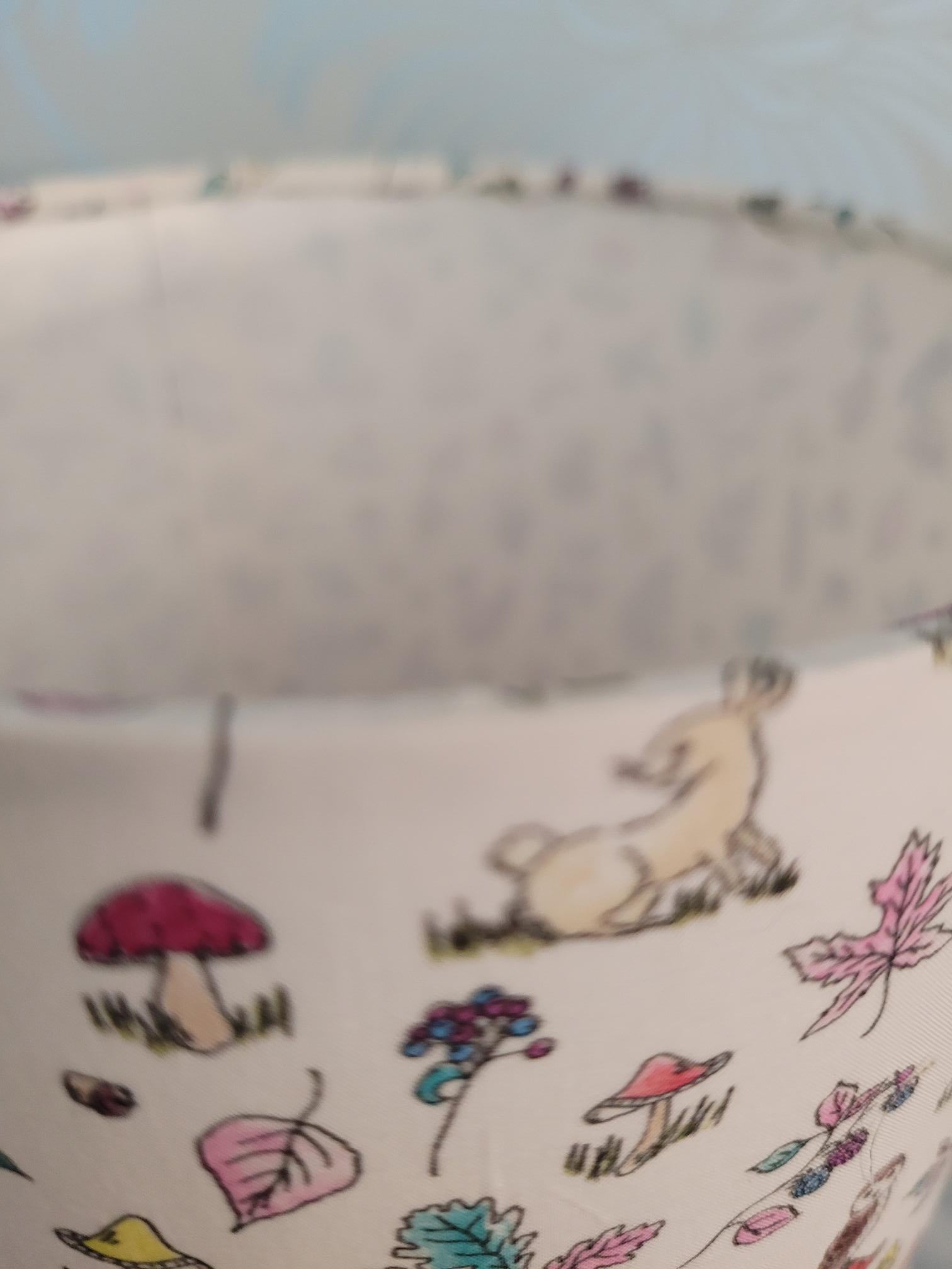 Handmade Liberty London animal and woodland themed drum lampshade featuring woodland animals, floral patterns, foliage and country-inspired design, perfect for children's rooms, nurseries, or playrooms - hand made at 15cm diameter.