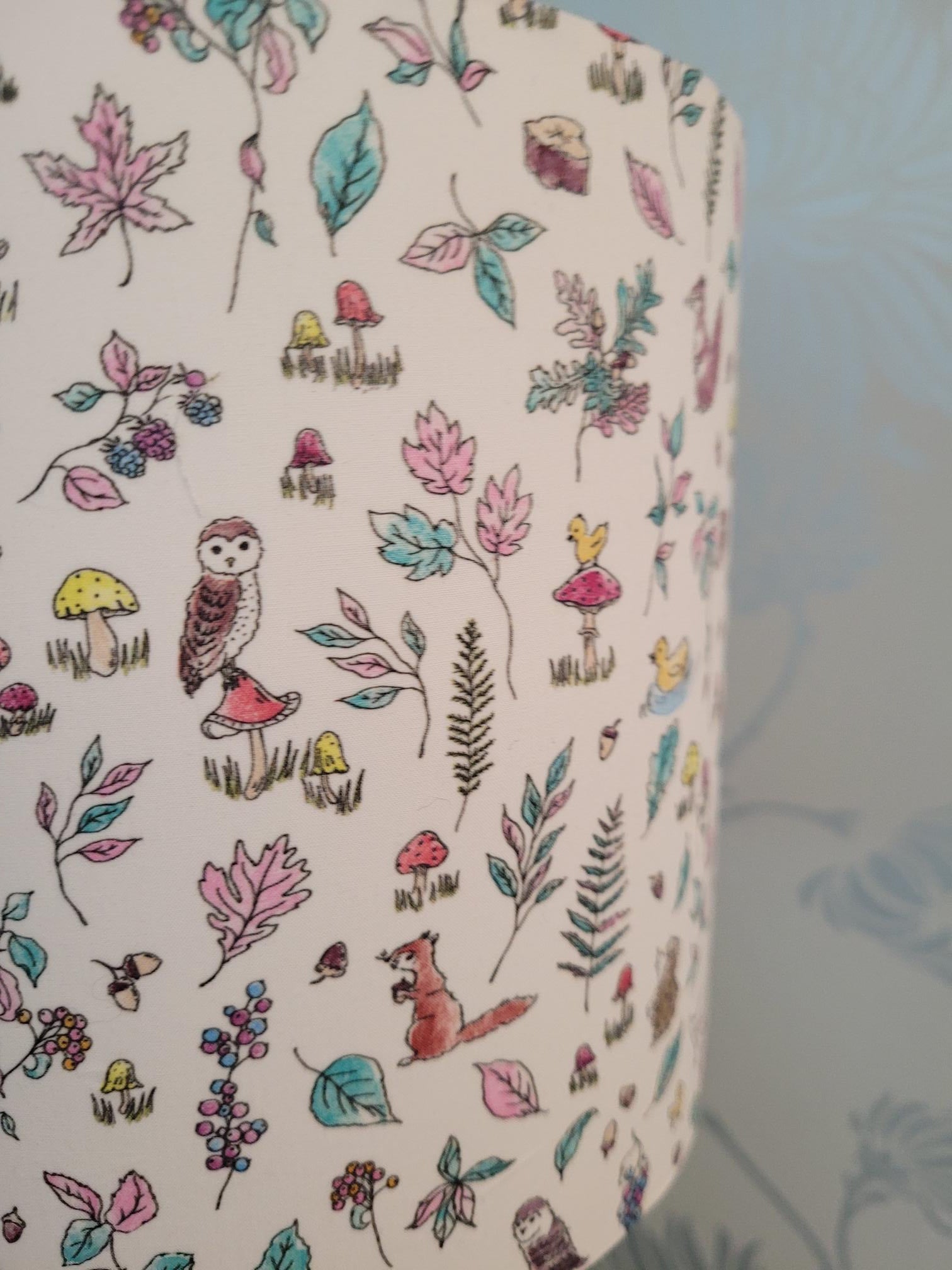 Handmade Liberty London animal and woodland themed drum lampshade featuring woodland animals, floral patterns, foliage and country-inspired design, perfect for children's rooms, nurseries, or playrooms - hand made at 15cm diameter.