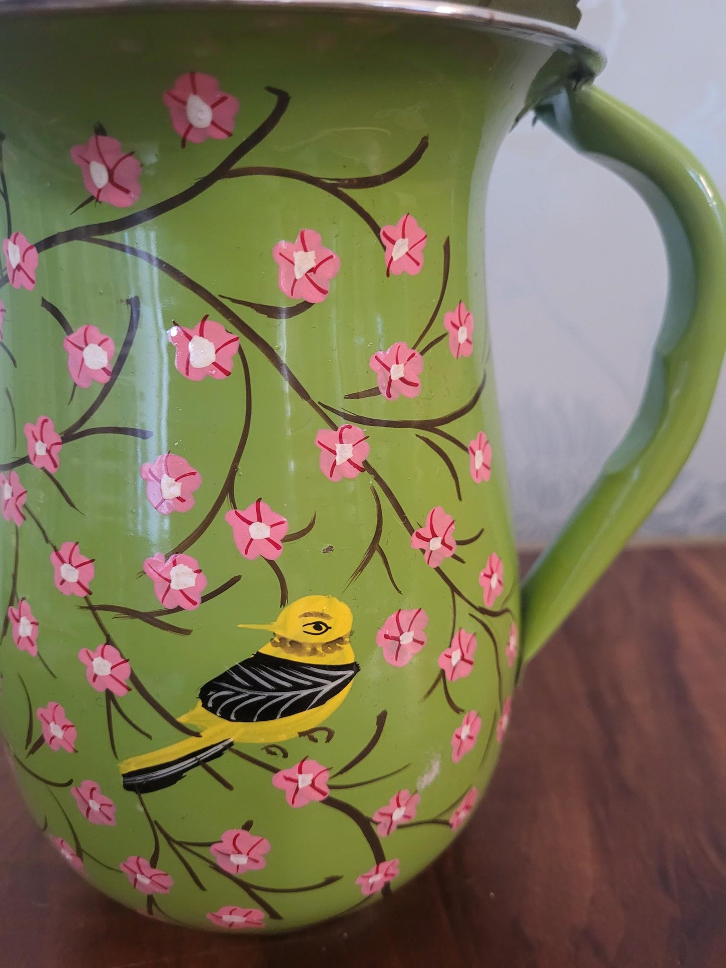 Floral Enamel Jug Vase Hand-Painted Floral Design in Blue or Green | Durable Shatterproof Eco-Friendly Tableware Perfect for Outdoor Dining