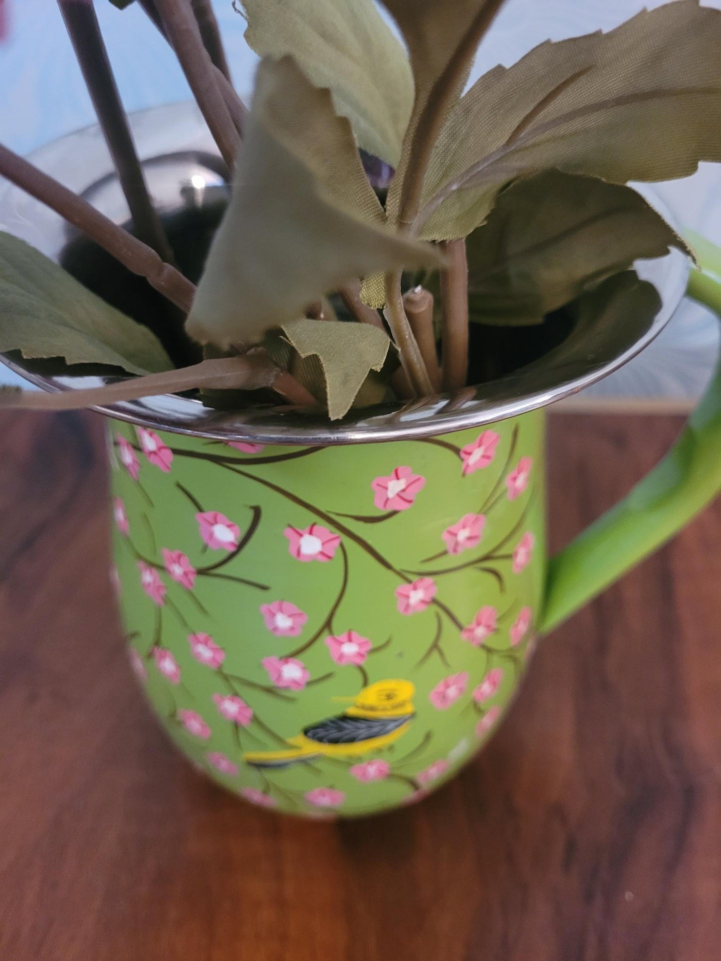 Floral Enamel Jug Vase Hand-Painted Floral Design in Blue or Green | Durable Shatterproof Eco-Friendly Tableware Perfect for Outdoor Dining