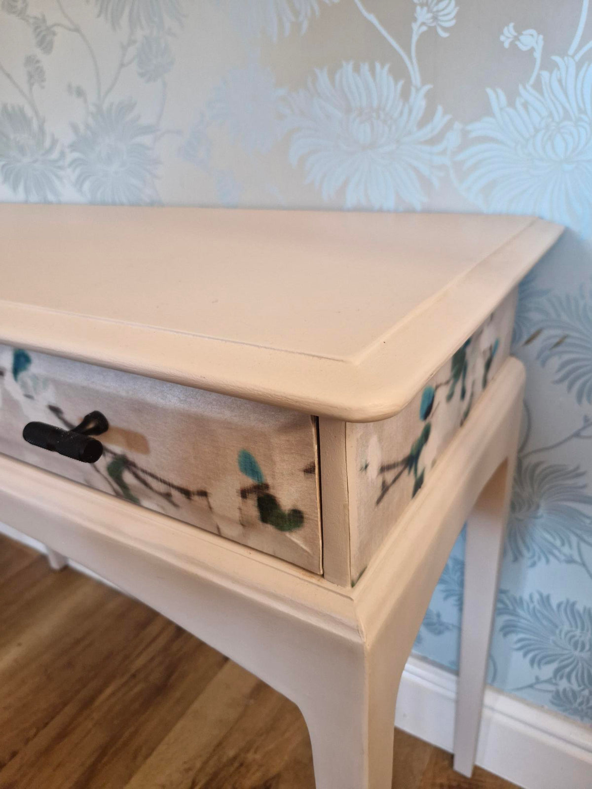 Stag Minstrel Console Table in Cashmere – Hand-Painted & Decoupaged Hallway Table with Romo Botanical Drawer Fronts