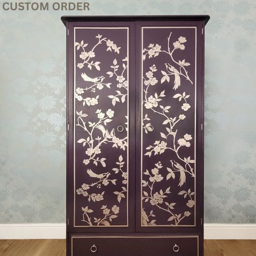 Front view of custom hand-painted Stag Minstrel double wardrobe in Fusion Mineral Paint Velvet Plum with gold chinoiserie design - available for commission as a bespoke hand painted order