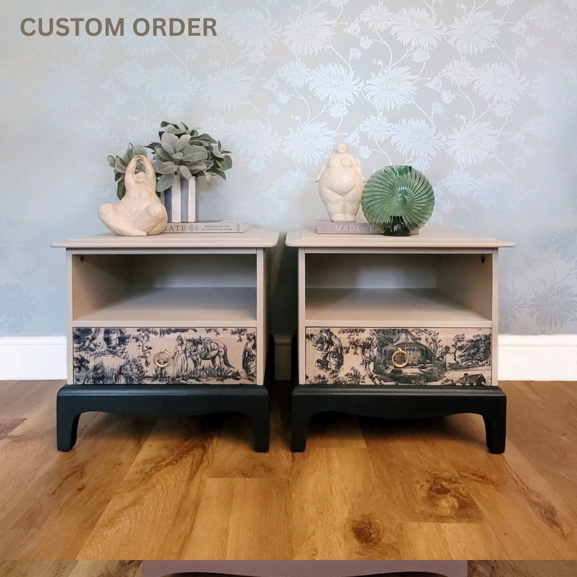 Pair of Stag Minstrel Letterbox Bedsides, featuring a French Parisien 'Toile de Jouy' design in cream and blue. These elegant bedside tables add a touch of vintage charm to any bedroom. Perfect for those who appreciate classic and timeless bedroom furniture.