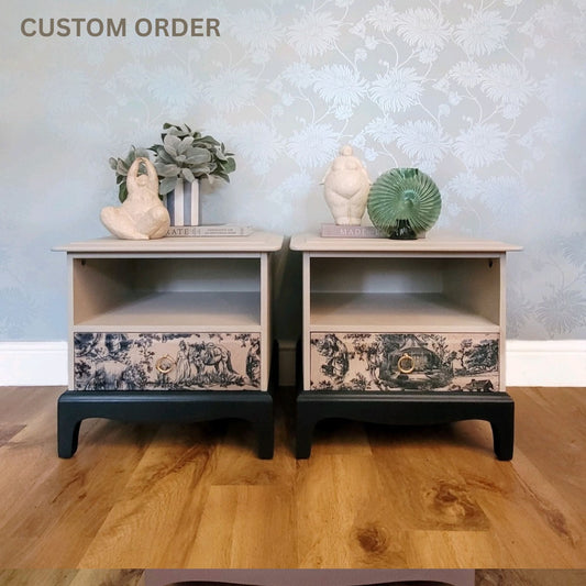 Pair of Stag Minstrel Letterbox Bedsides, featuring a French Parisien 'Toile de Jouy' design in cream and blue. These elegant bedside tables add a touch of vintage charm to any bedroom. Perfect for those who appreciate classic and timeless bedroom furniture.