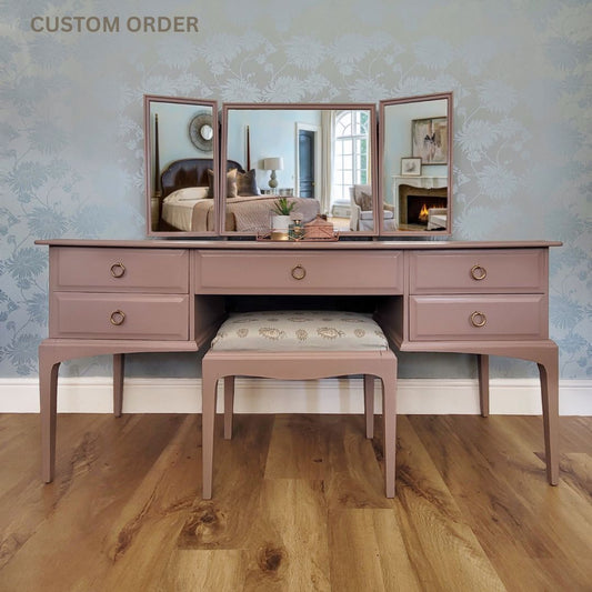Custom Painted Stag Minstrel Five Drawer Dressing Table with Mirror and Stool – Bespoke Furniture for Timeless Elegance