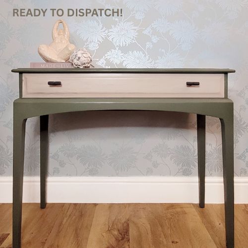 Hand-painted Stag Minstrel console table in olive and taupe with drawer.