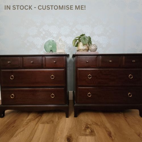 Pair of Stag Minstrel oversized bedside tables with classic design and brass ring handles. Painted to order in a colour and design of your choosing. Stag Minstrel bedside tables offering versatile storage with timeless design with three spacious drawers.