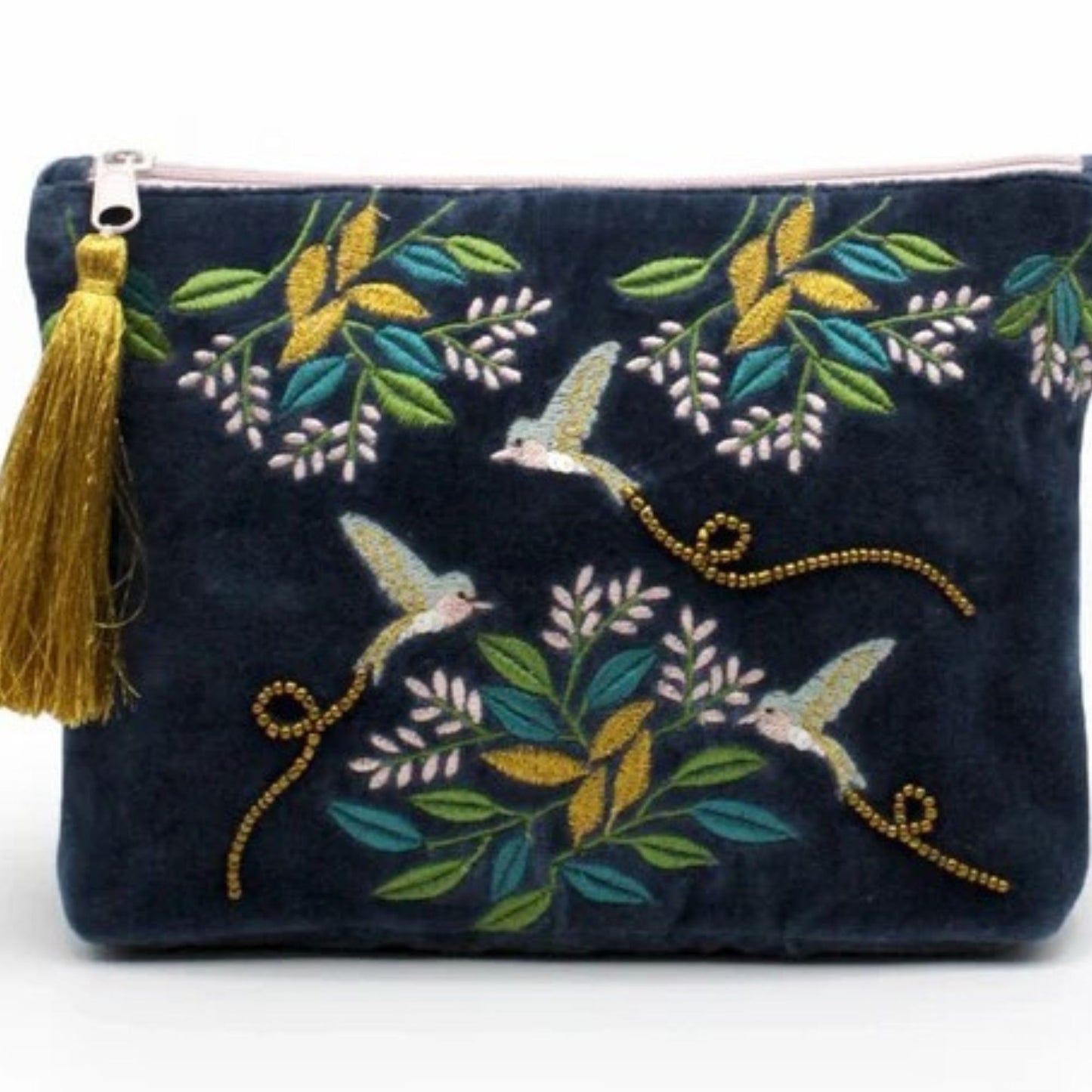 Elegant Embroidered Velvet Cosmetic Bag with Hummingbird and Floral Design - Stylish Travel Makeup Pouch with Gold Tassel Navy Blue