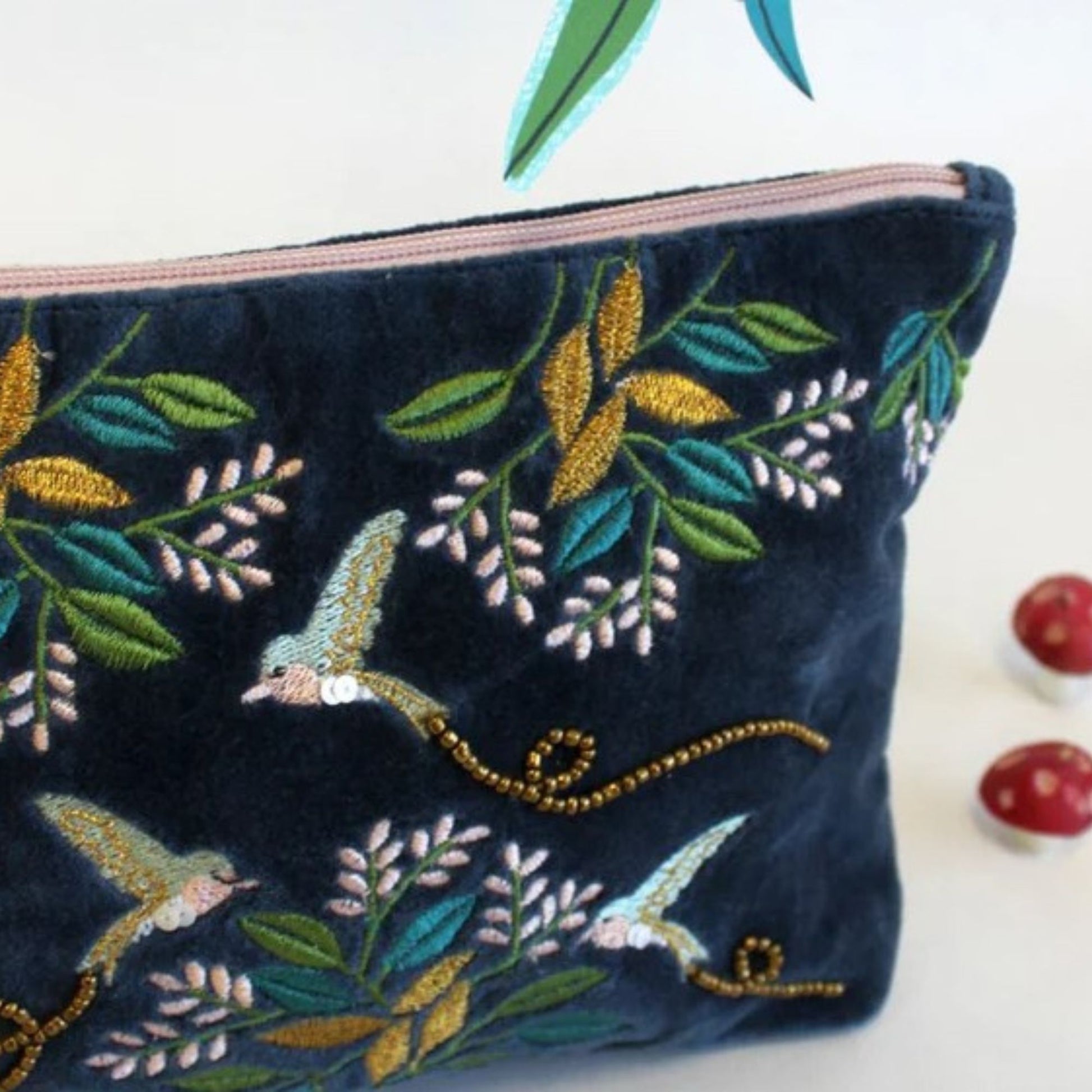 Elegant Embroidered Velvet Cosmetic Bag with Hummingbird and Floral Design - Stylish Travel Makeup Pouch with Gold Tassel Navy Blue
