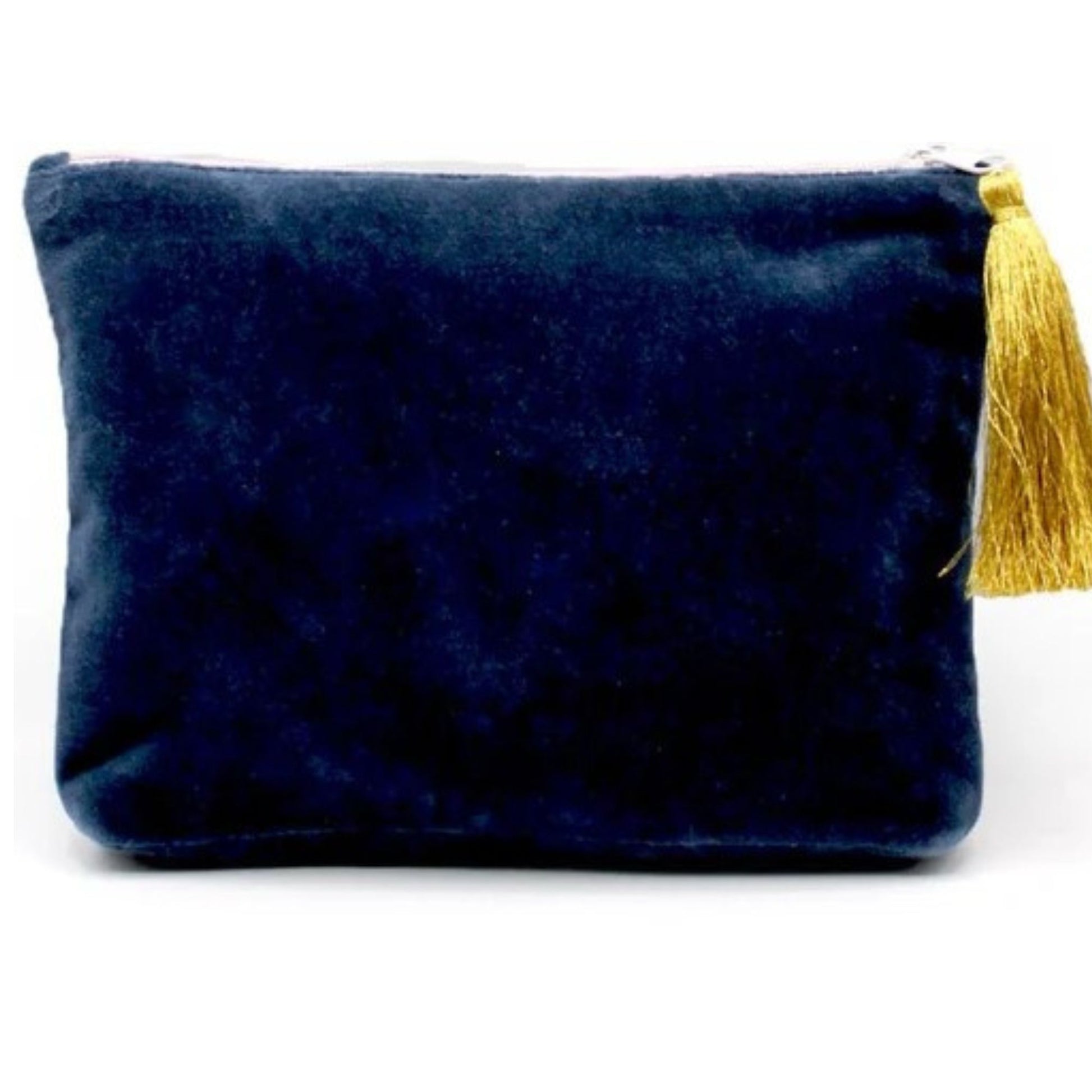 Elegant Embroidered Velvet Cosmetic Bag with Hummingbird and Floral Design - Stylish Travel Makeup Pouch with Gold Tassel Navy Blue