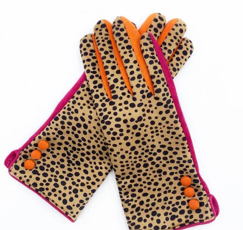 Bold Cheetah Print Gloves with Hot Pink and Orange Accents – Cosy Winter Accessories
