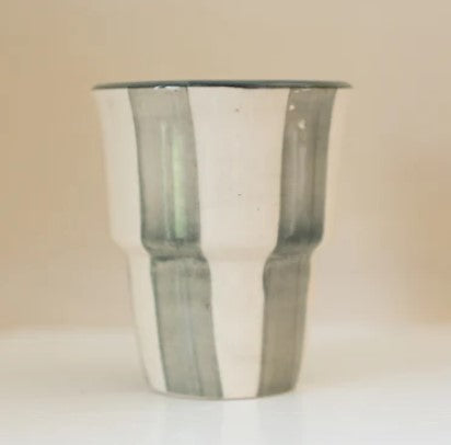Stoneware handleless coffee beaker with green and cream Scandi stripes, 180ml.
