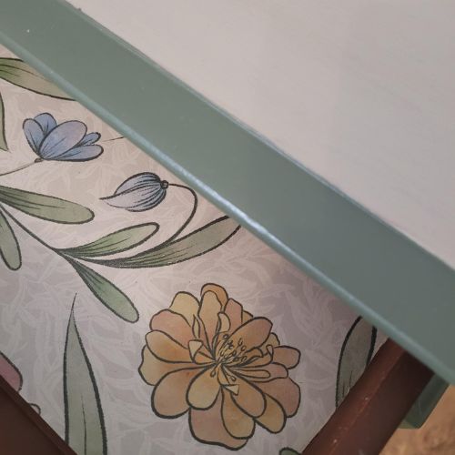Hand-painted Stag Minstrel console table in olive and taupe with drawer.