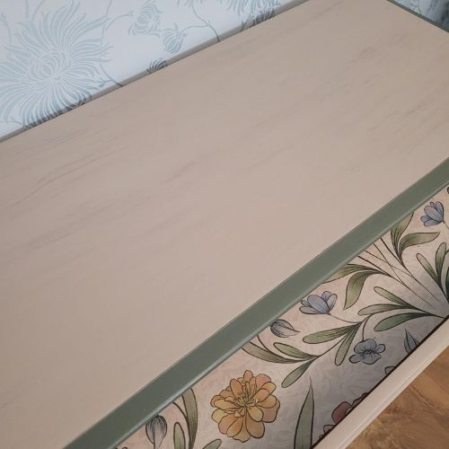 Hand-painted Stag Minstrel console table in olive and taupe with drawer.