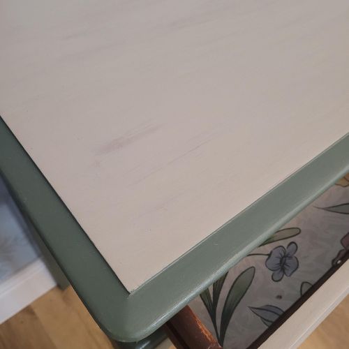 Hand-painted Stag Minstrel console table in olive and taupe with drawer.