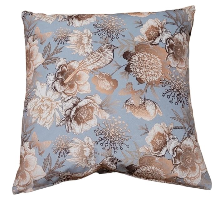 Metallic copper and pale blue velvet cushion with bird floral design, 45cm with feather inner