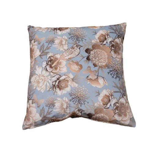 Metallic copper and pale blue velvet cushion with bird floral design, 45cm with feather inner