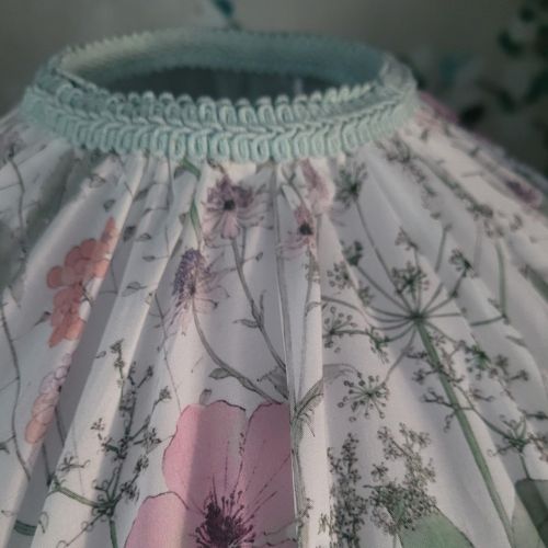 Liberty ‘Irma Meadow’ gathered lampshade with pale mint double fringe, 12-inch table shade.