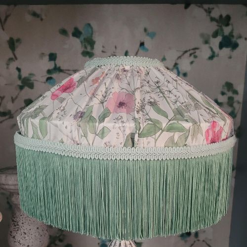 Liberty ‘Irma Meadow’ gathered lampshade with pale mint double fringe, 12-inch table shade.