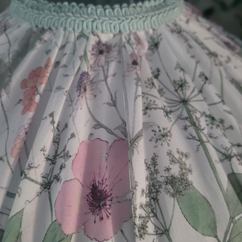 Liberty ‘Irma Meadow’ gathered lampshade with pale mint double fringe, 12-inch table shade.