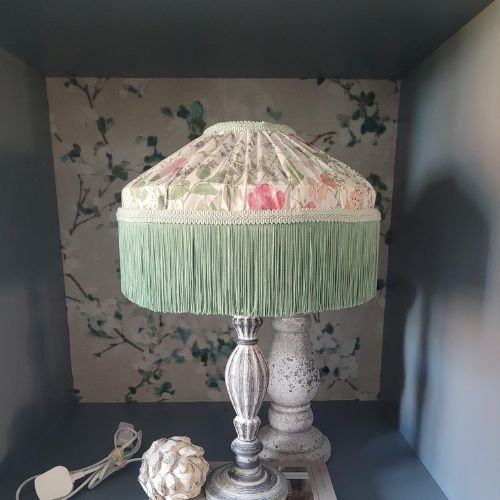 Liberty ‘Irma Meadow’ gathered lampshade with pale mint double fringe, 12-inch table shade.