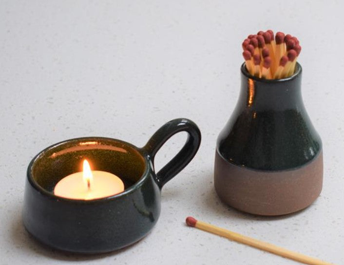 Stoneware Ceramic Elegant Tea Light Cup In Forest Green / Perfect Seasonal Gift