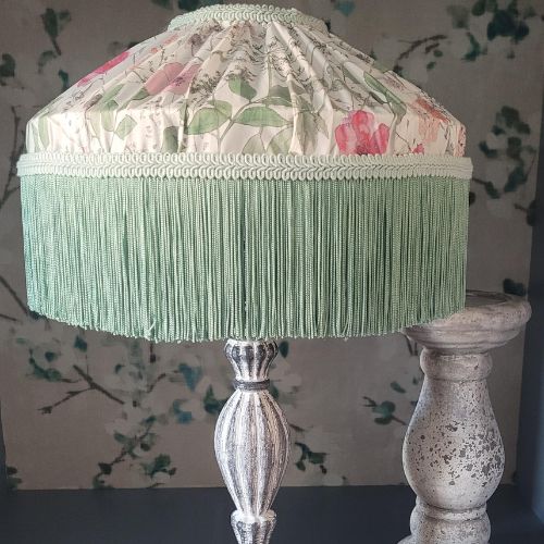 Liberty ‘Irma Meadow’ gathered lampshade with pale mint double fringe, 12-inch table shade.