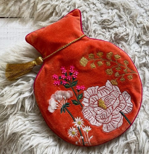 Posy orange velvet embroidered hot water bottle with beads, gold tassel and hot-pink reverse, 800ml
