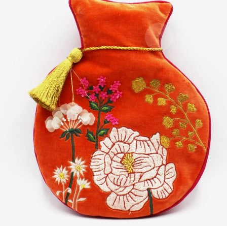 Posy orange velvet embroidered hot water bottle with beads, gold tassel and hot-pink reverse, 800ml