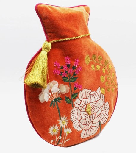 Posy orange velvet embroidered hot water bottle with beads, gold tassel and hot-pink reverse, 800ml