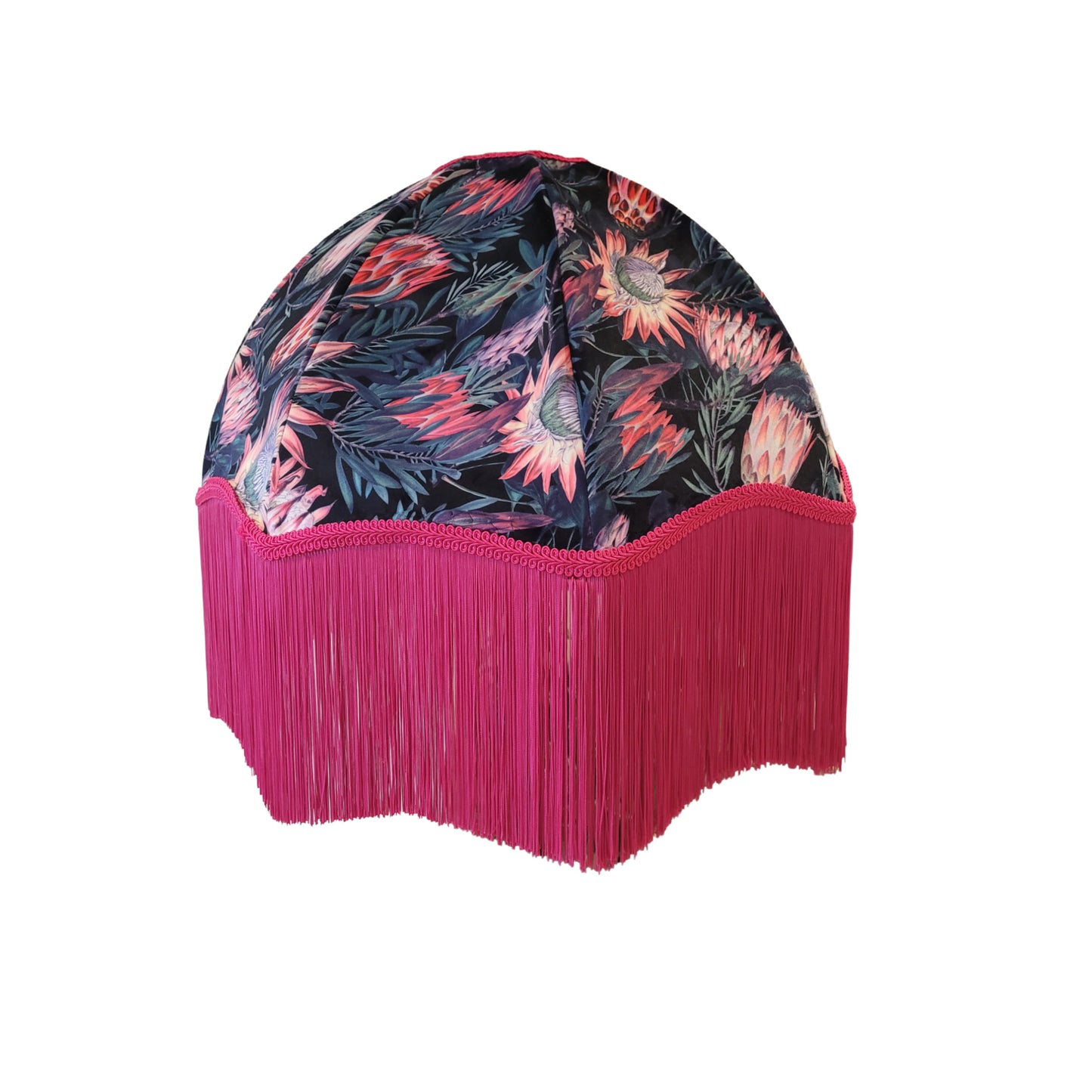 22-inch Art Deco velvet parachute lampshade with fuchsia fringe and floral lining; handmade statement shade.