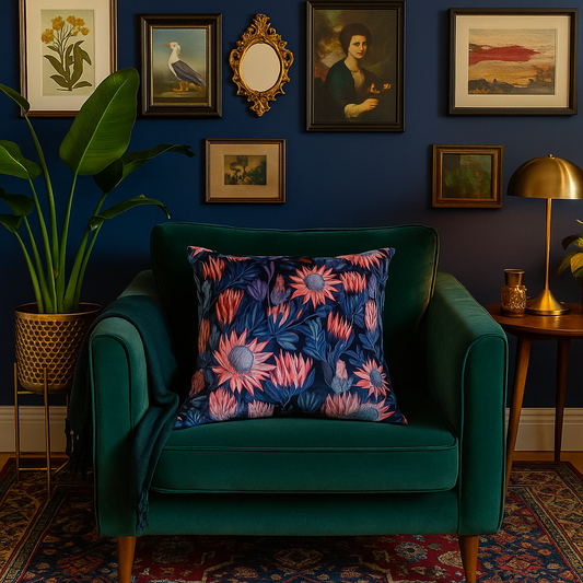 Handmade protea floral velvet cushion, 45cm scatter pillow in coral, pink, and navy with feather inner.