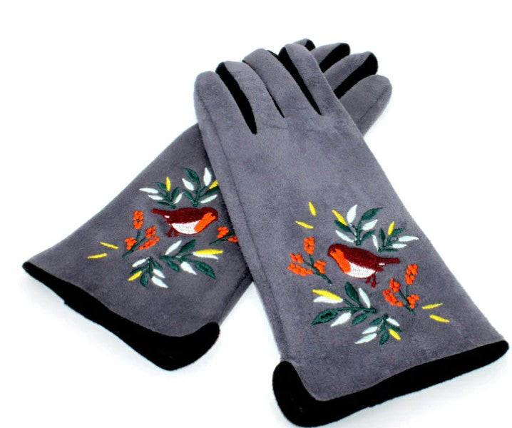 Grey embroidered robin fashion gloves with touchscreen index finger and soft cotton interior.