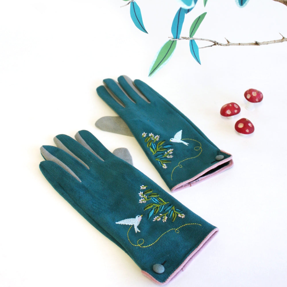 Embroidered Bird Secret Garden Gloves - Touchscreen Friendly, Cosy Winter Gift, Teal and Pink Women’s Gloves
