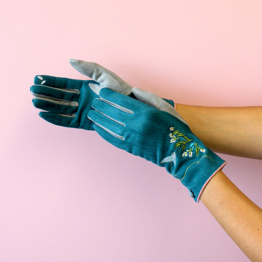 Embroidered Bird Secret Garden Gloves - Touchscreen Friendly, Cosy Winter Gift, Teal and Pink Women’s Gloves
