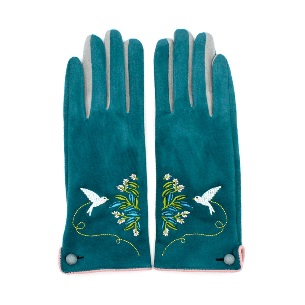 Embroidered Bird Secret Garden Gloves - Touchscreen Friendly, Cosy Winter Gift, Teal and Pink Women’s Gloves