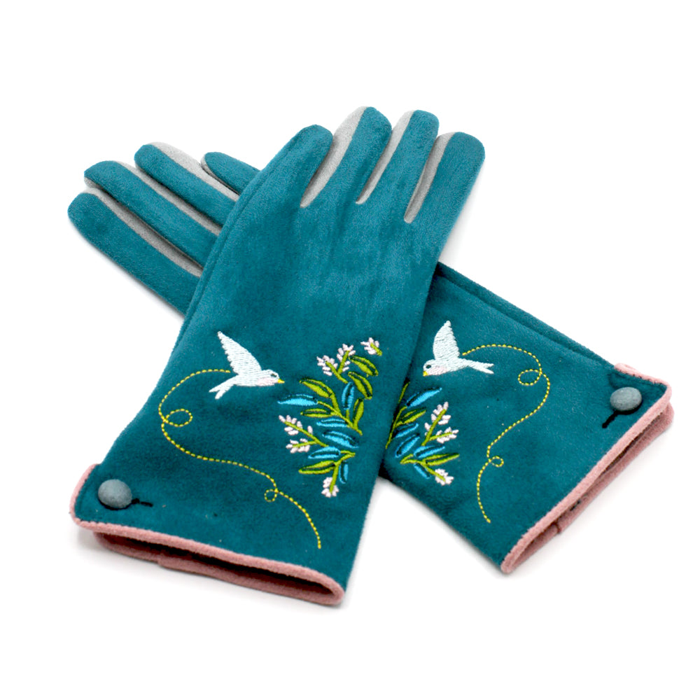 Embroidered Bird Secret Garden Gloves - Touchscreen Friendly, Cosy Winter Gift, Teal and Pink Women’s Gloves