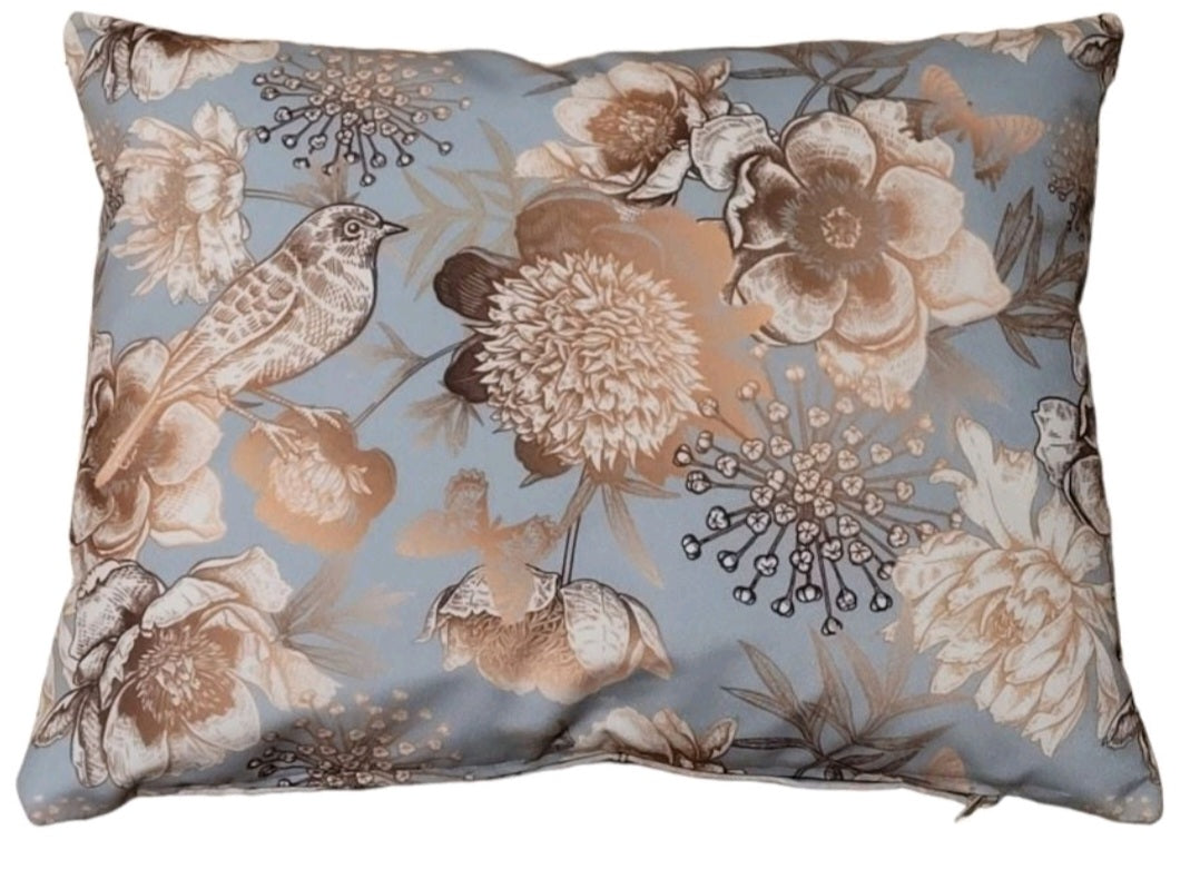 Metallic copper and pale blue velvet cushion with bird floral design, 45cm with feather inner